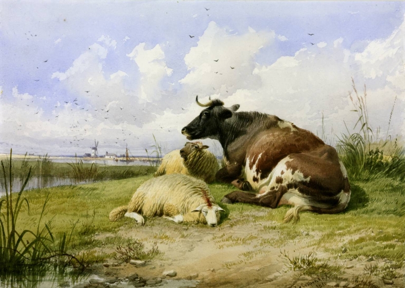 A Cow and Two Sheep by Thomas Sidney Cooper