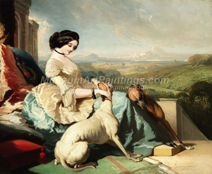 A Lady Sitting with two Greyhounds by Alfred de Dreux