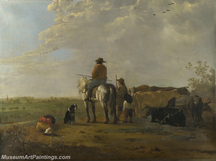 A Landscape with Horseman Herders and Cattle Painting