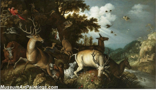 A wooded river lanscape with stags chased by huntsmen and their dogs
