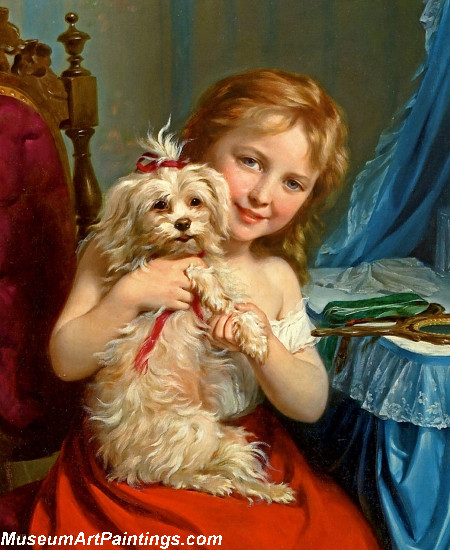 Children Paintings Young Girl with Bichon Frise