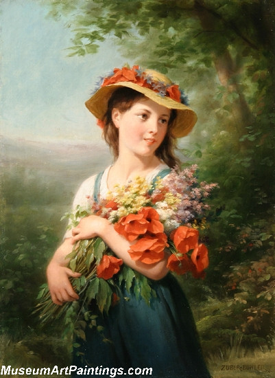 Children Paintings Young Girl with a Bouquet of Wildflowers