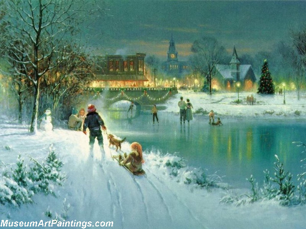 Christmas Painting Pulling the Sled Past the Frozen Lake
