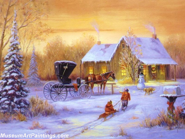 Christmas Painting Sleding Home to Snowman
