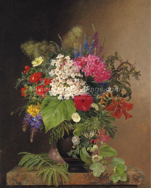 Convulvulus Lupins Speedwell and Fuschia in a Vase