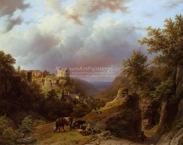 Countryfolk Cattle and Goats on a Mountain Path with a Village Beyond