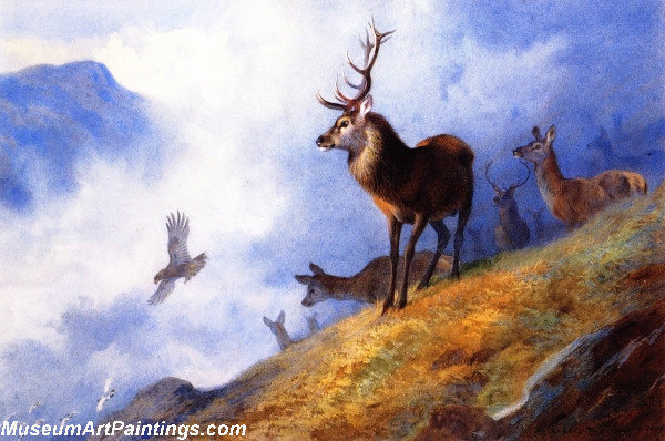 Deer Landscape Painting Red Deer Watching a Golden Eagle Hunt Ptarmigan