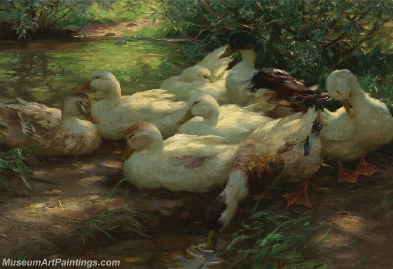 Eight Ducks on the Riverbank Painting