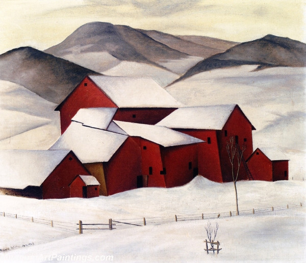 Farm in a Winter Landscape Painting