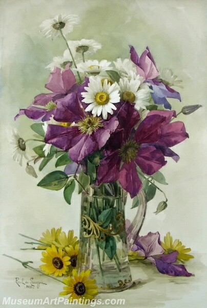 Flower Painting Large Purple Clematis and White Daisies