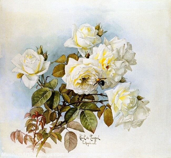 Flower Painting White Roses and Bumblebees