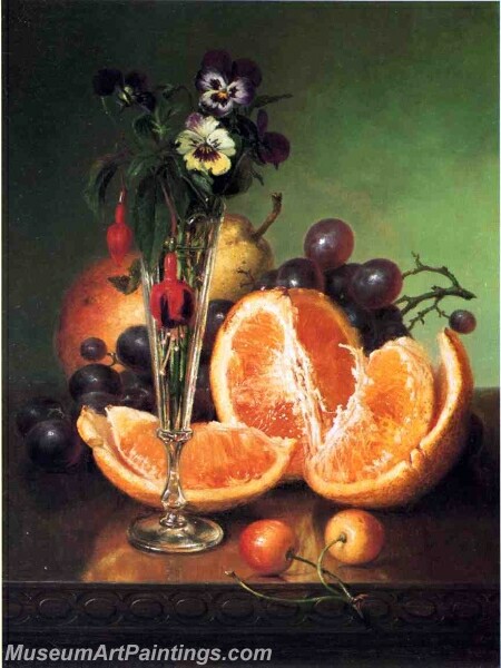 Fruit Flowers and a Wineglass on a Tabletop Painting