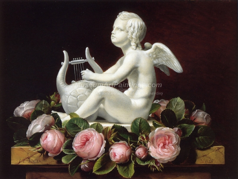 Garland of Pink Roses around Cupid Playing a Lyre on a Brown Marble Ledge