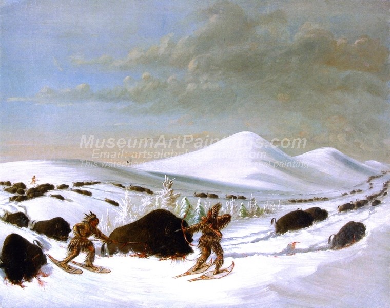 Indians Oil Paintings Buffalo Hunt in Winter