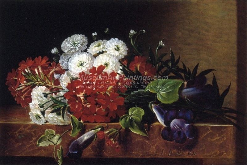 Iris Dahlia Pelargonium and Ivy Leaves on a Brown Marble Ledge