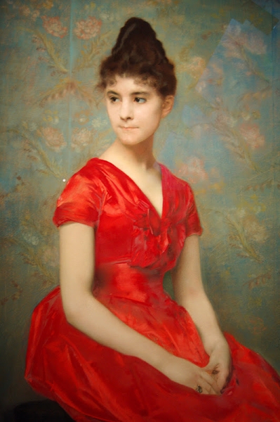 Jeune fille en robe rouge sur fond de fleurs
