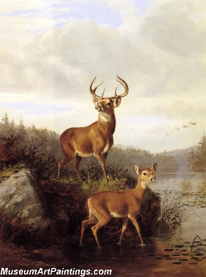 Landscape Painting Buck and Doe Deer