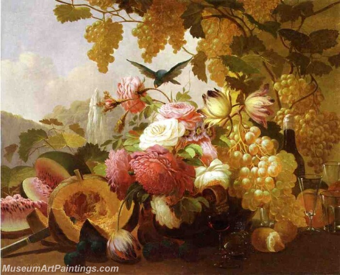 Landscape Painting Still Life with roses and Wine Glasses