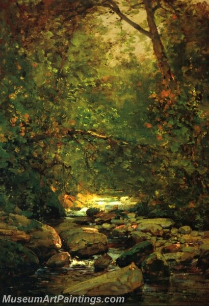 Landscape Painting Stream in Forest Winter