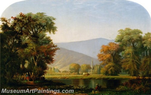 Landscape with Lake Fisherman Painting