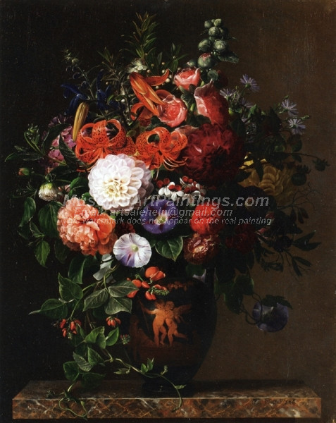 Lilies Peonies Violets and Roses in a Greek Figure Vase on a Marble Pedestal