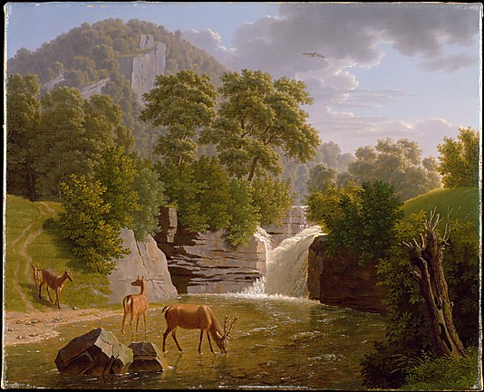 Mountain Landscape with Deer at a River Painting
