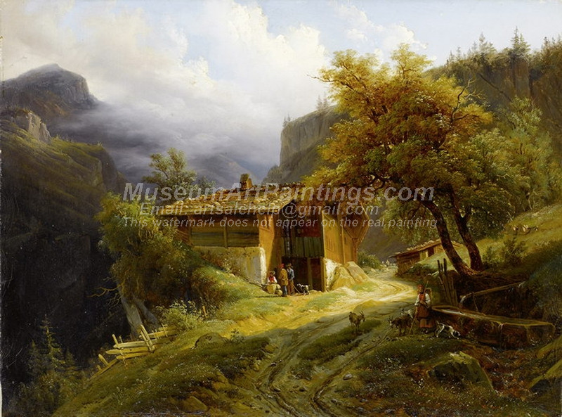 Mountain Landscape with farmhouse and figure by Francois Diday