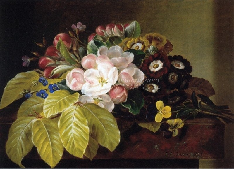 Pansies Appleblossoms Gloxinia Phlox and Primula Auricula on a Brown Marble Ledge
