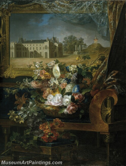 Parra Miguel Cesta de flores y vista del Palacio Real de Valencia Painting