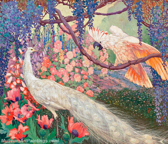 Peacock Paintings Peacock and Cockatoo in a Garden Landscape