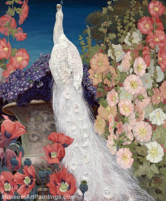 Peacock Paintings Peacock and Hollyhocks