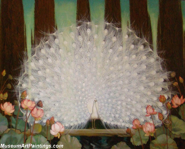 Peacock Paintings White Peacock and Lotus