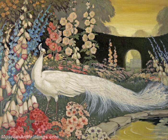 Peacock Paintings White Peacock in a Garden of Hollyhocks