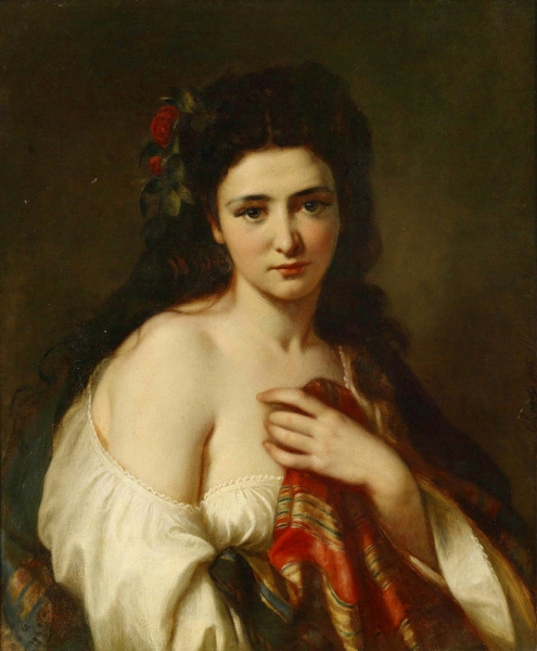 Portrait of a maiden with roses in her hair by Carl Adolf Gugel