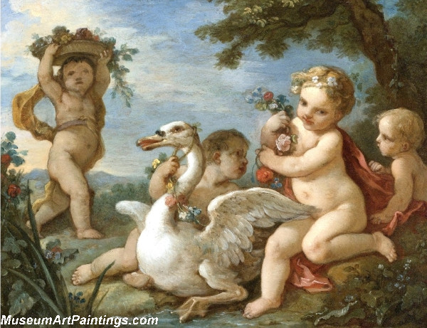 Putti Adorning a Swan with a Garland of Flowers by Charles Joseph Natoire