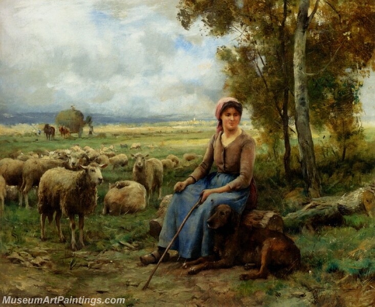 Shepherdess Watching Over Her Flock Painting
