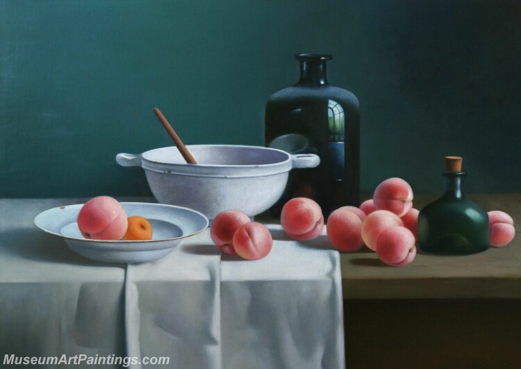 Still Life Painting Peaches Bottles