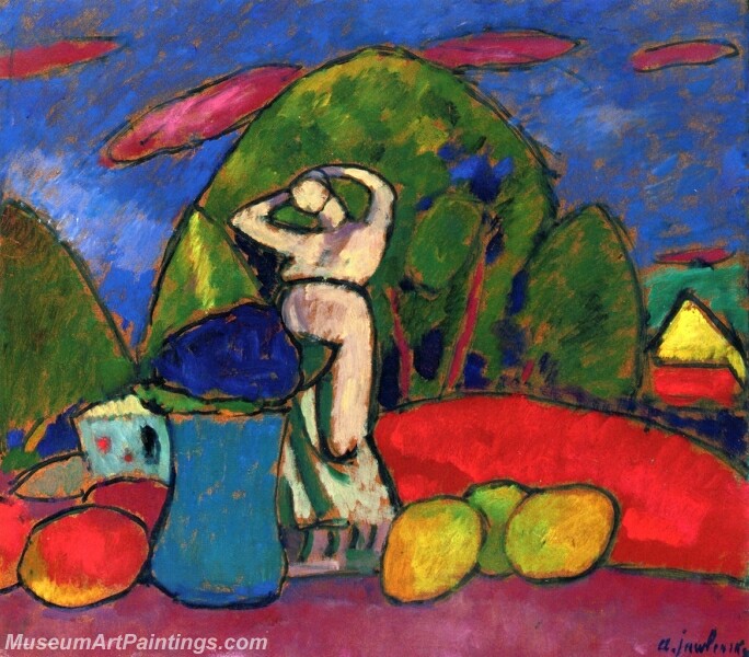 Still Life With Figure Fruit and Landscape Abstract Painting
