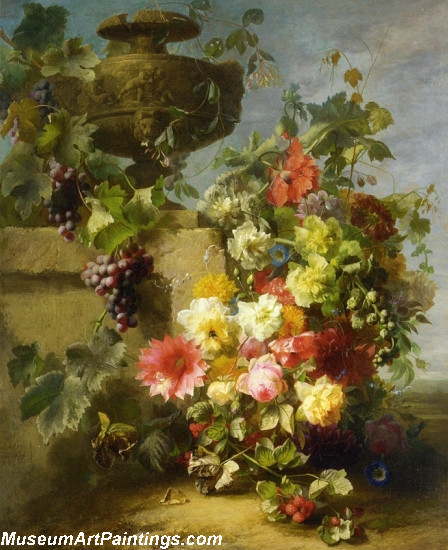 Still Life of Roses Morning Glories Chrysanthemums Grapes and Raspberries Painting