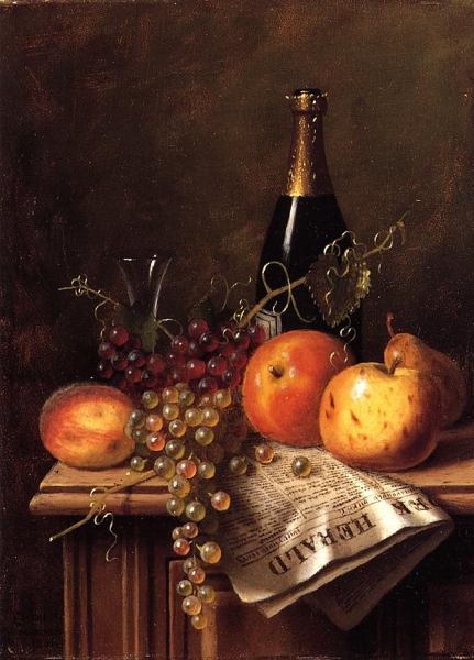 Still Life with Fruit Champagne Bottle and Newspaper by William Michael Harnett