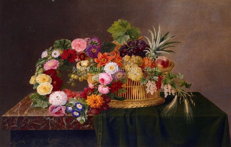 Still Life with a Basket of Fruit and a Wreath of Asters Dahlias Day Lillies and Morning Glories