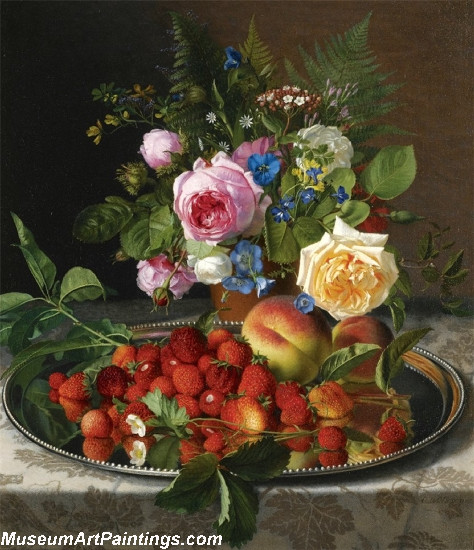 Still life with roses and strawberries on a silver salver