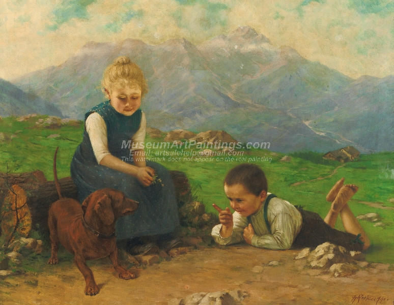 Two children on a mountain educating a dachshund