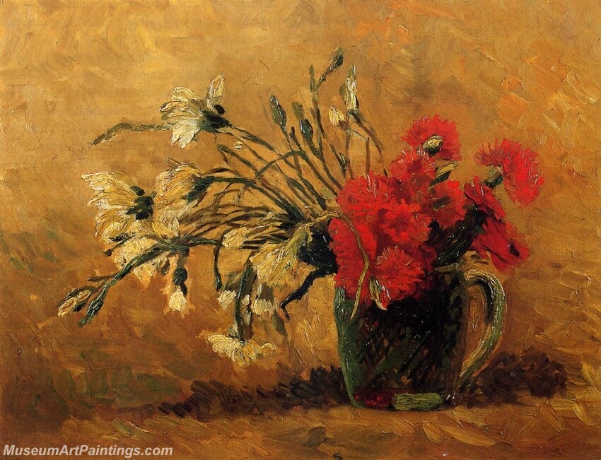Vase with Red and White Carnations on a Yellow Background Painting