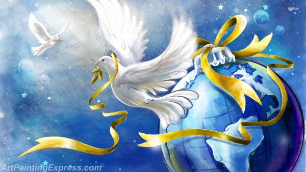 dove with golden ribbon painting canvas prints