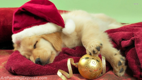 golden retriever puppy with santa hat painting canvas prints